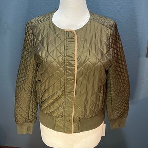 H&M Quilted Bomber Jacket Size 10 Color Olive Camel Faux Suede detail